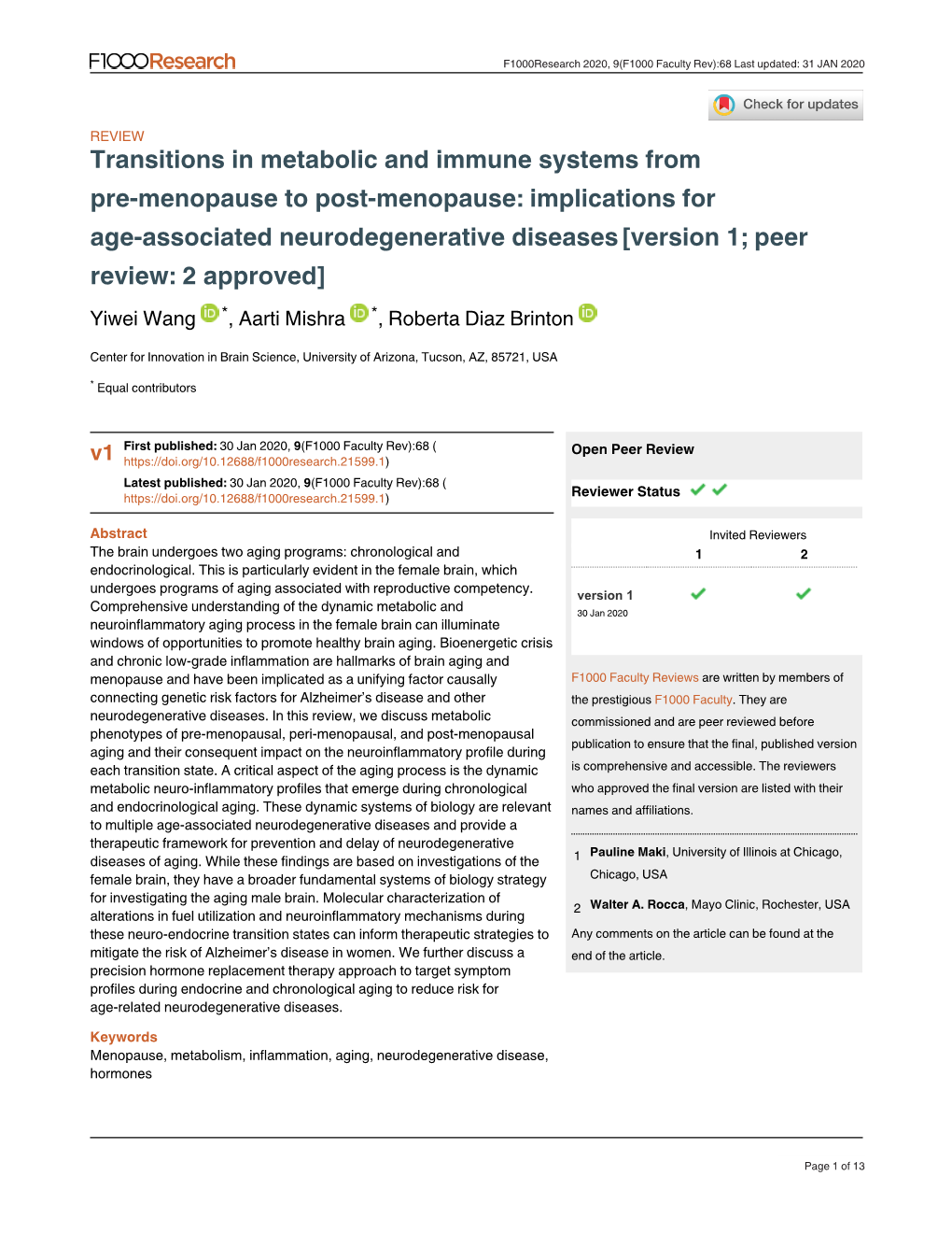 Implications for Age-Associated Neurodegenerative Diseases [Version 1; Peer Review: 2 Approved] Yiwei Wang *, Aarti Mishra *, Roberta Diaz Brinton