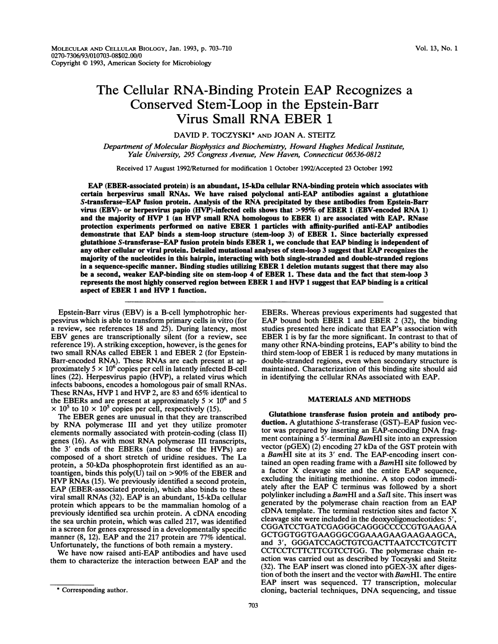 The Cellular RNA-Binding Protein EAP Recognizes a Conserved Stem:Loop in the Epstein-Barr Virus Small RNA EBER 1 DAVID P