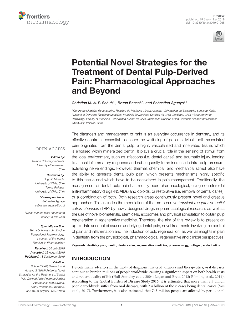 Potential Novel Strategies for the Treatment of Dental Pulp-Derived Pain: Pharmacological Approaches and Beyond