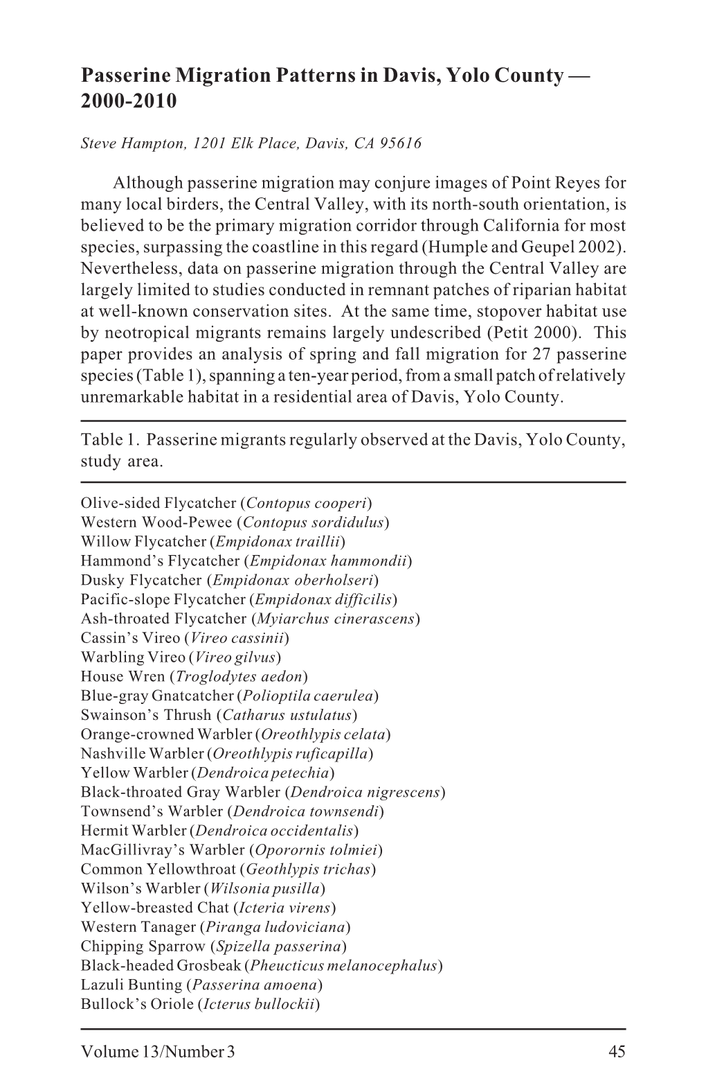 Passerine Migration Patterns in Davis, Yolo County — 2000-2010