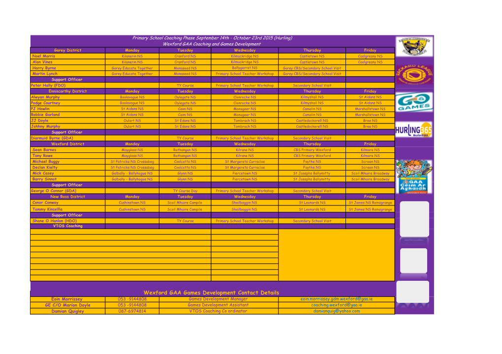 Wexford Primary School Rotation Schedule Phase 1