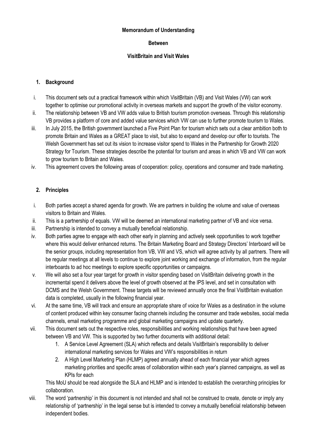 Memorandum of Understanding Between Visitbritain and Visit