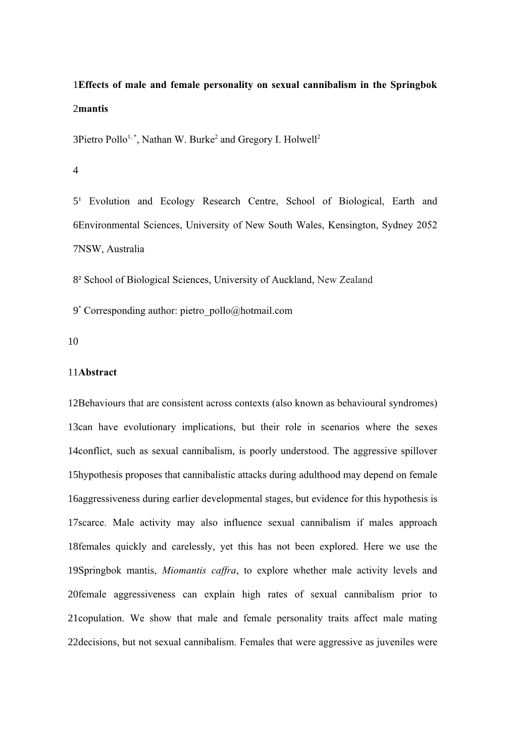 Effects of Male and Female Personality on Sexual Cannibalism in the Springbok