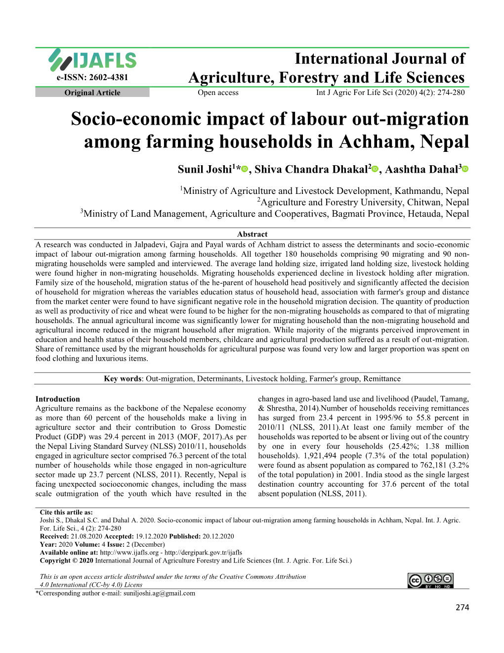 Socio-Economic Impact of Labour Out-Migration Among Farming Households in Achham, Nepal