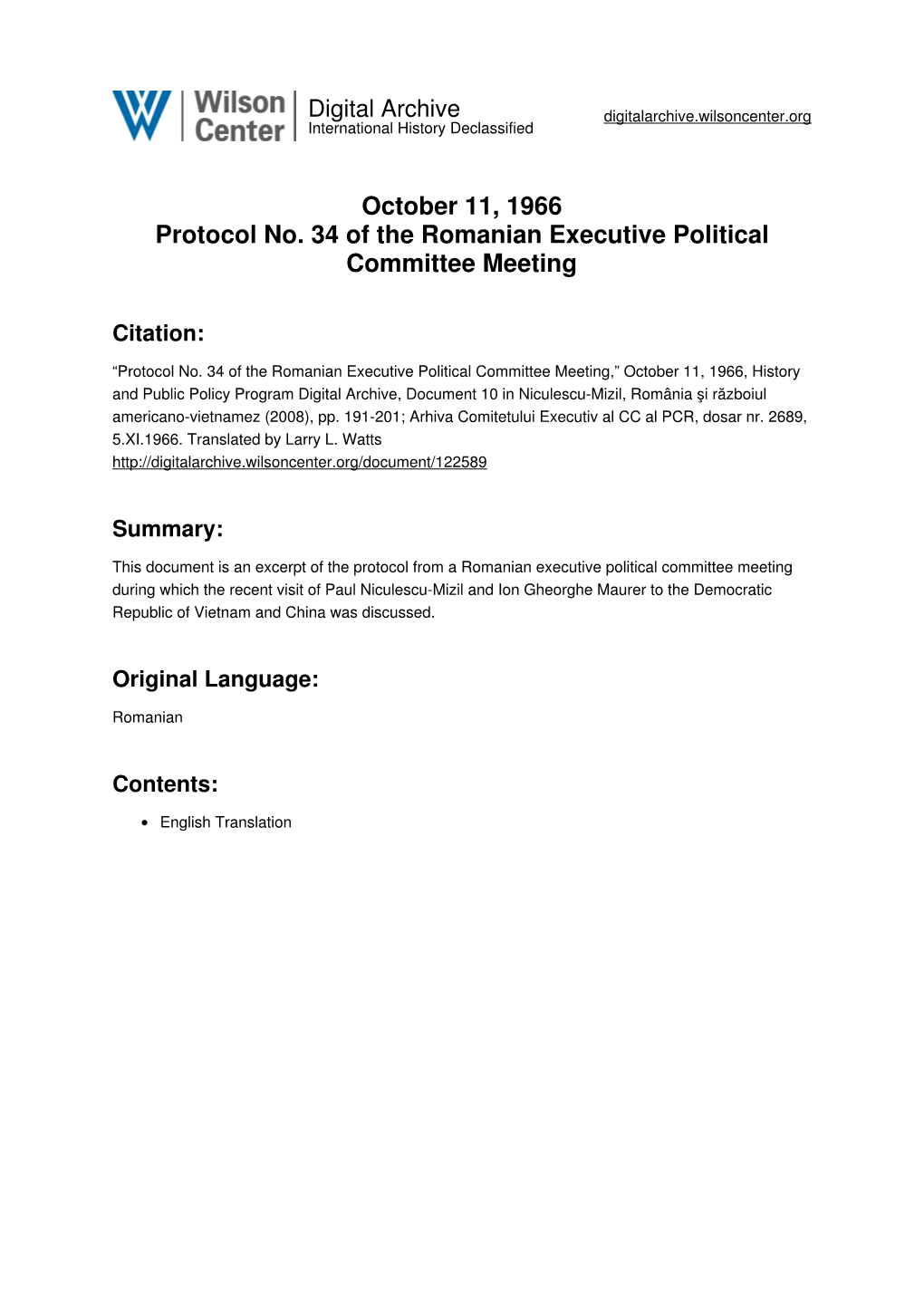 October 11, 1966 Protocol No. 34 of the Romanian Executive Political Committee Meeting