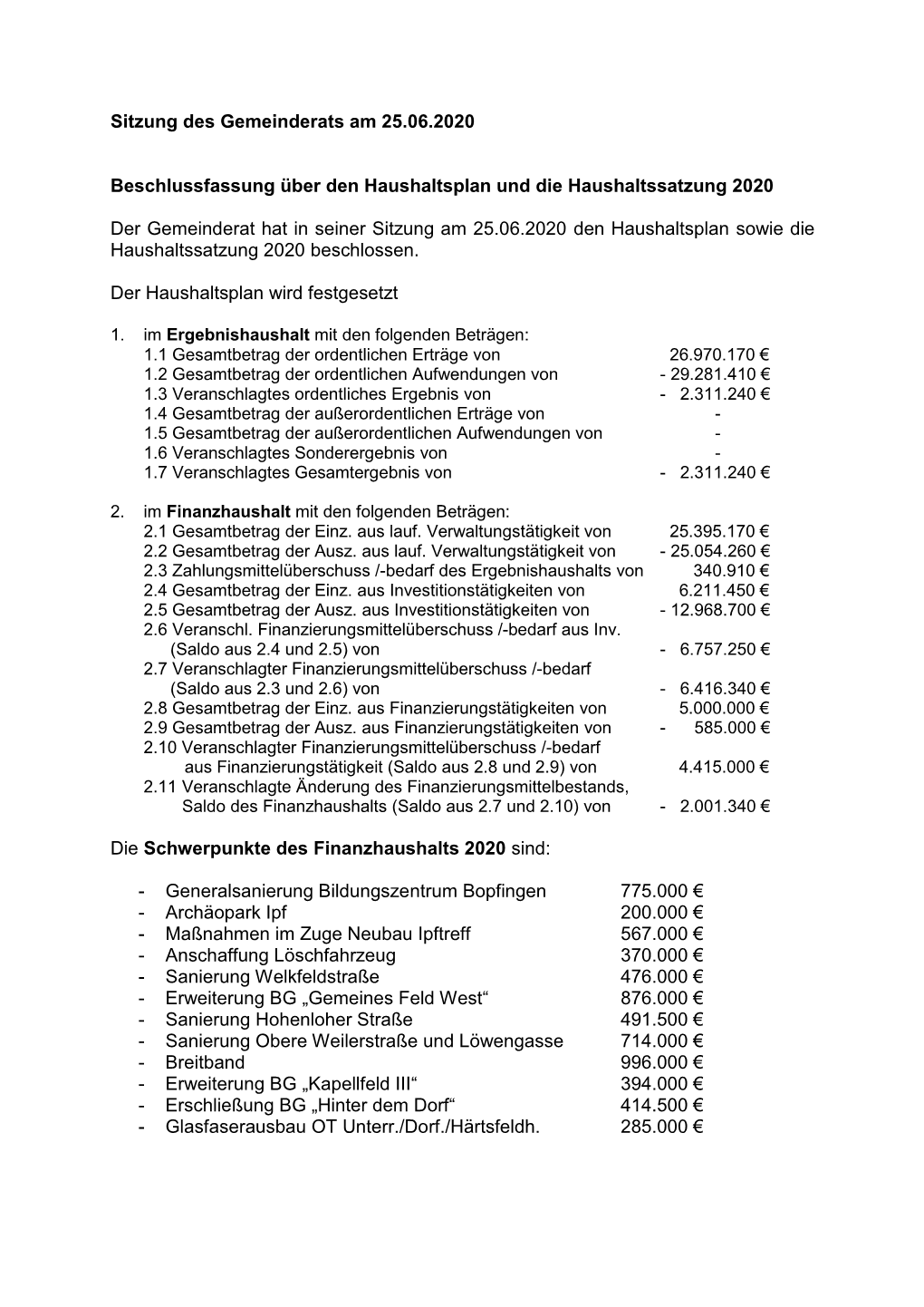 Sitzungsbericht 25.06.2020