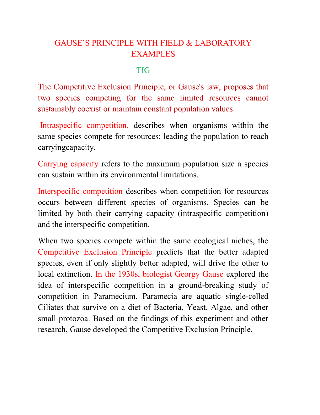 Gause`S Principle with Field & Laboratory Examples Tig