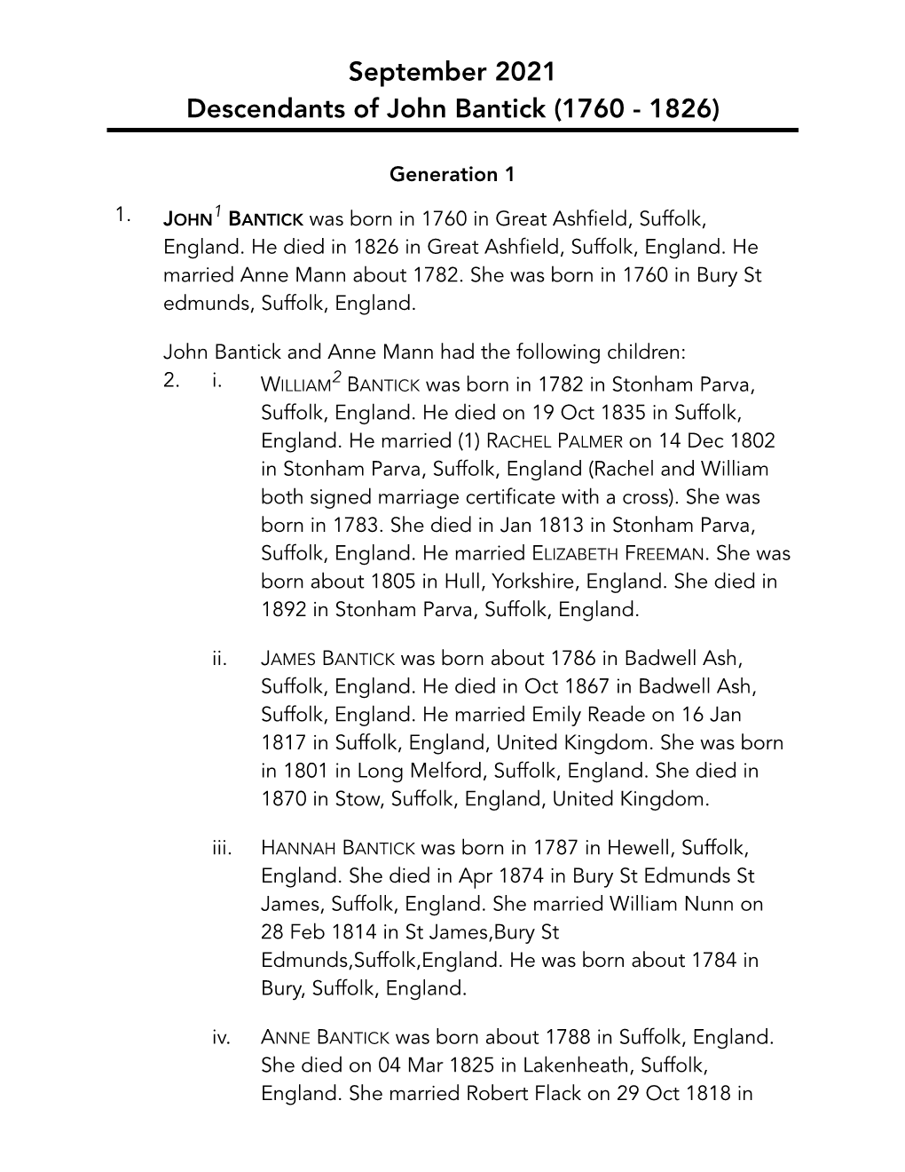 October 2019 Descendants of John Bantick (1760