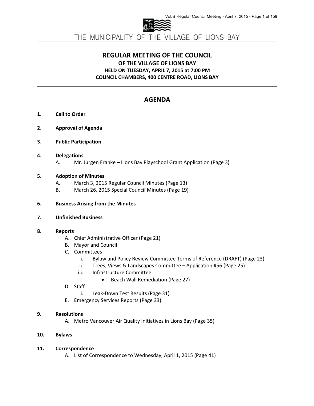 Regular Meeting of the Council Agenda