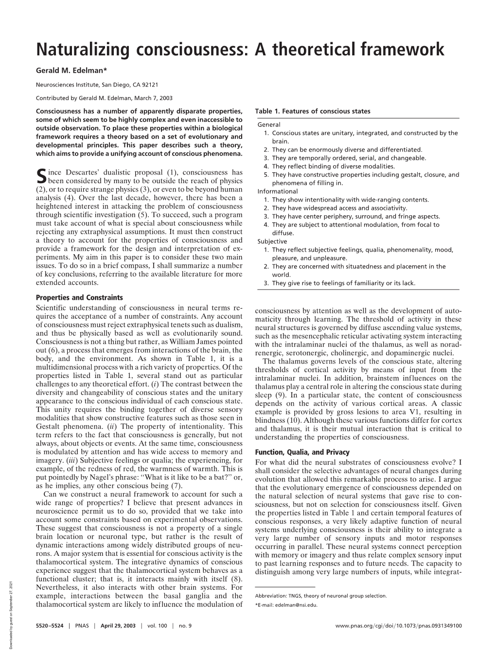 Naturalizing Consciousness: a Theoretical Framework