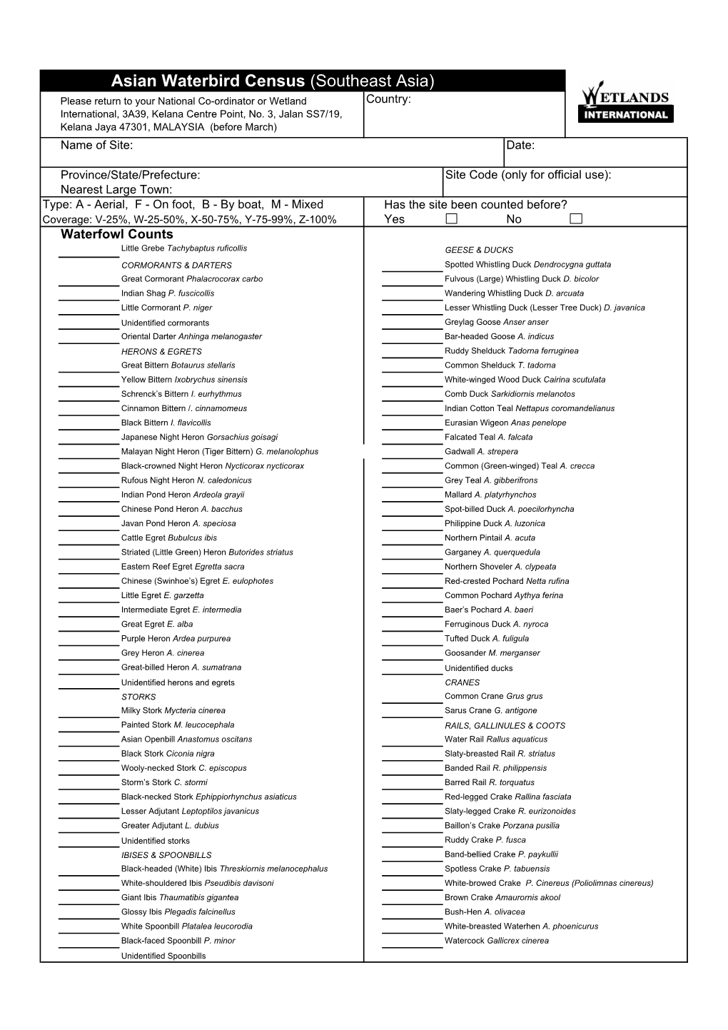 Asian Waterbird Census Count Form