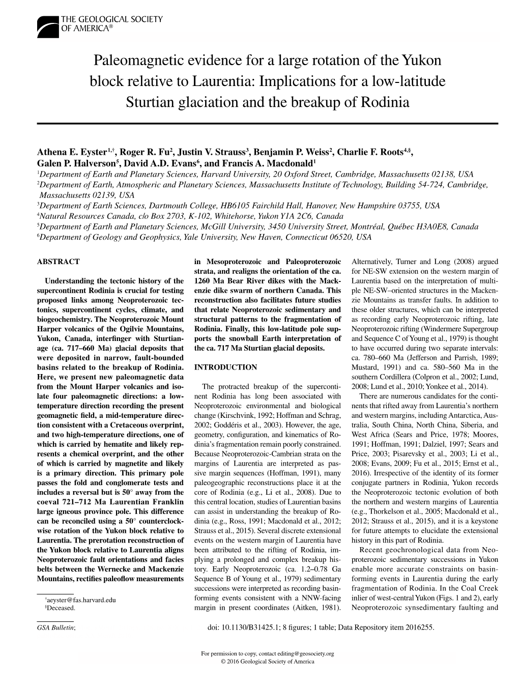 Paleomagnetic Evidence for a Large Rotation of the Yukon Block Relative to Laurentia: Implications for a Low-Latitude Sturtian Glaciation and the Breakup of Rodinia