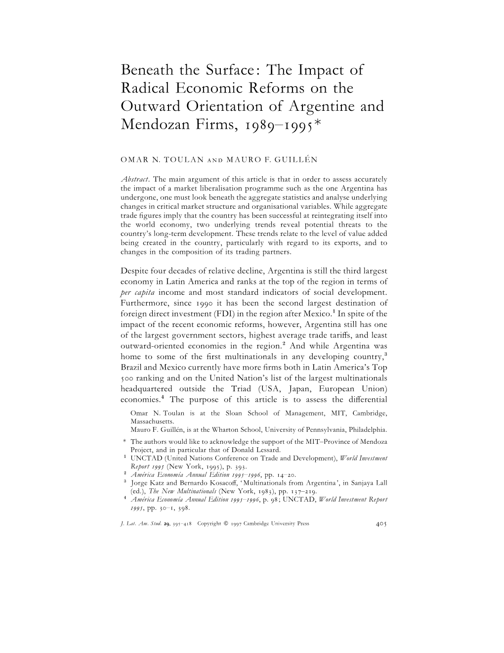 The Impact of Radical Economic Reforms on the Outward Orientation of Argentine and Mendozan Firms, –*