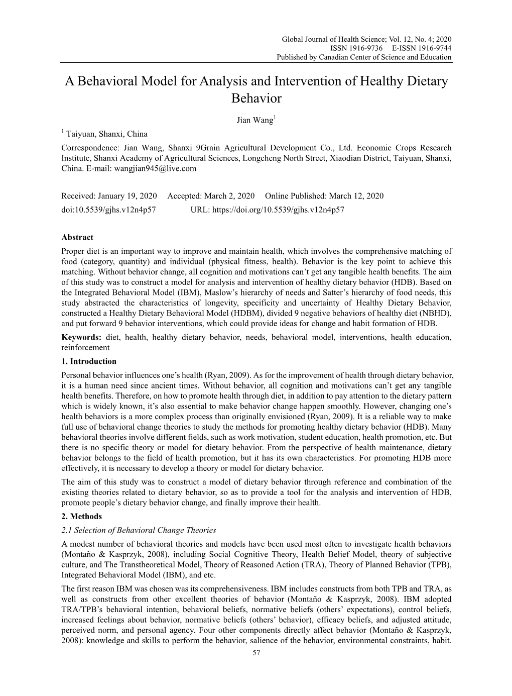 A Behavioral Model for Analysis and Intervention of Healthy Dietary Behavior