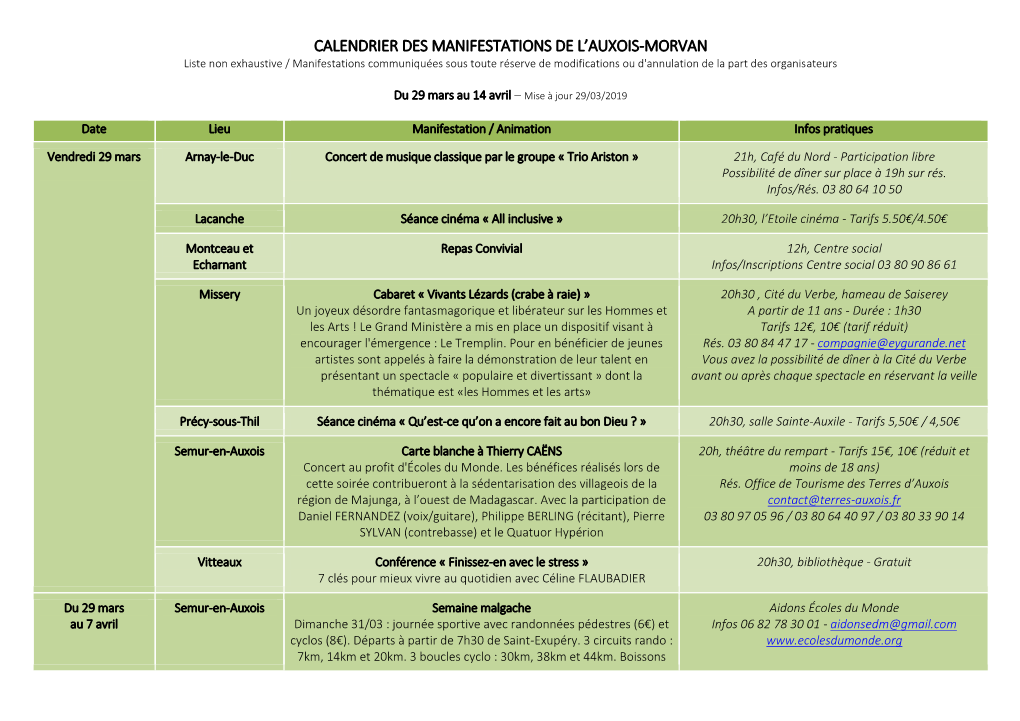 Calendrier Des Manifestations De L'auxois