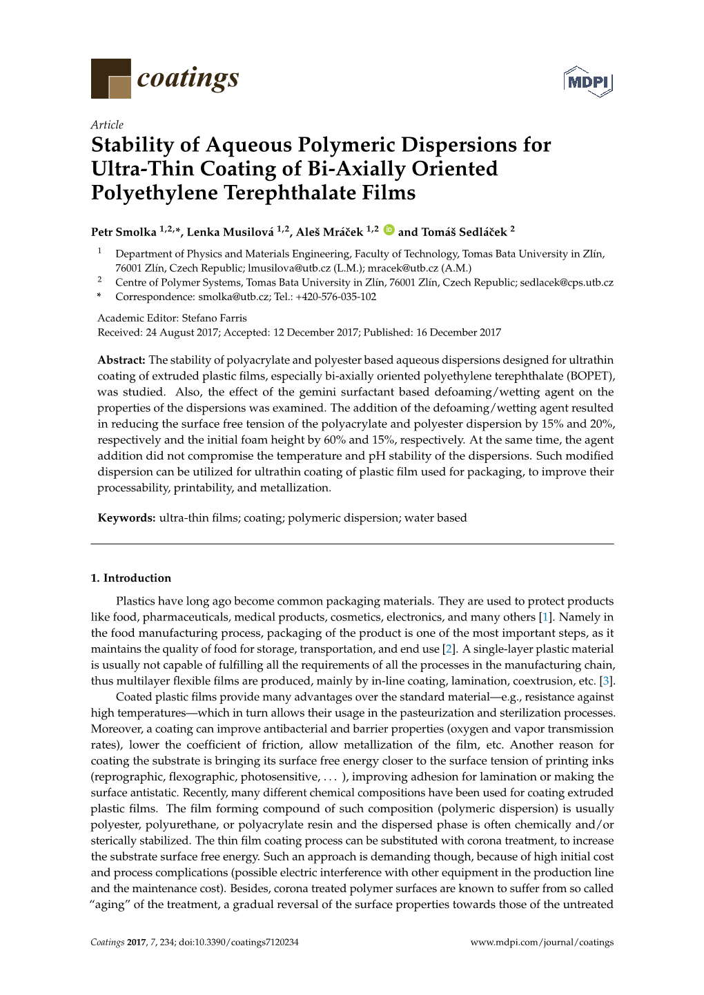 Stability of Aqueous Polymeric Dispersions for Ultra-Thin Coating of Bi-Axially Oriented Polyethylene Terephthalate Films
