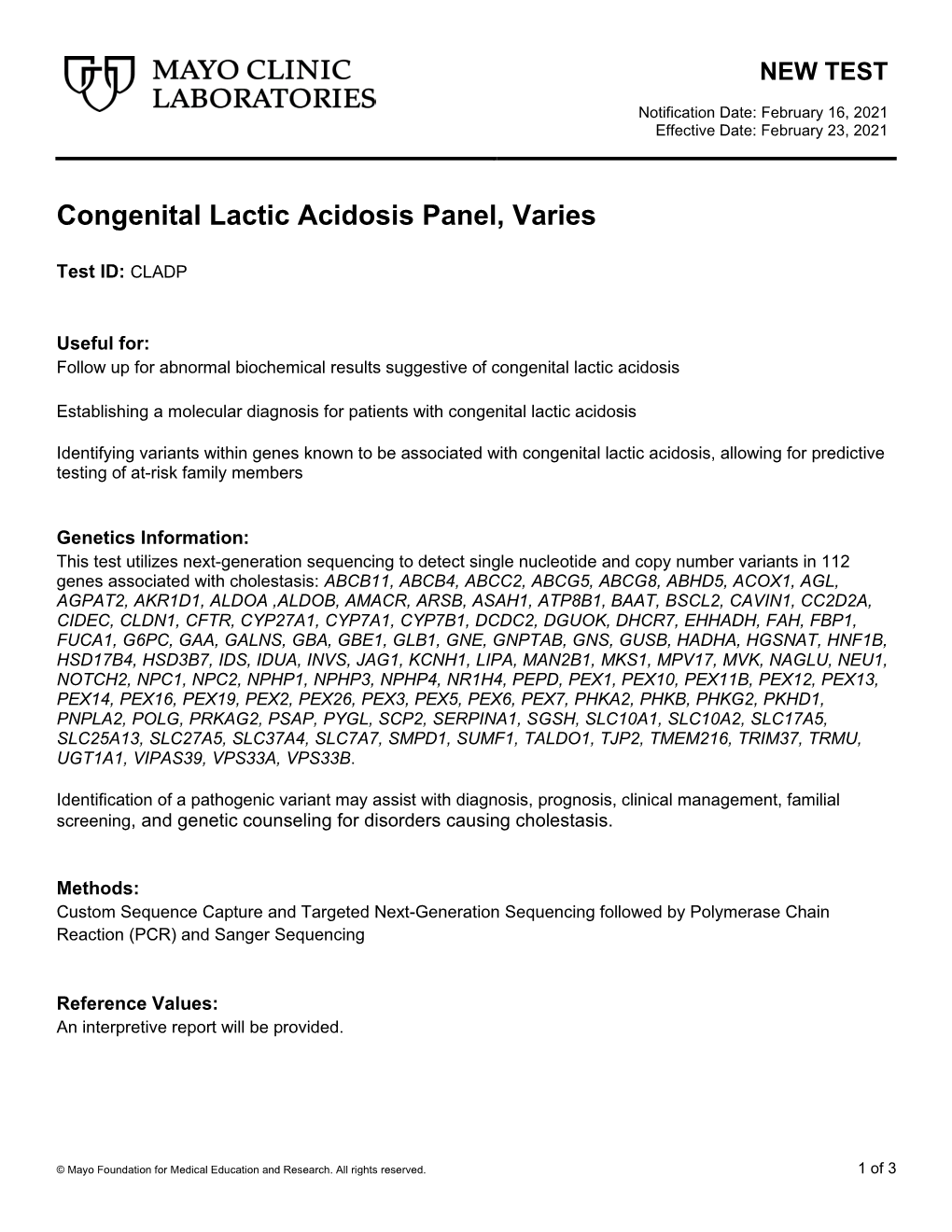 Congenital Lactic Acidosis Panel, Varies