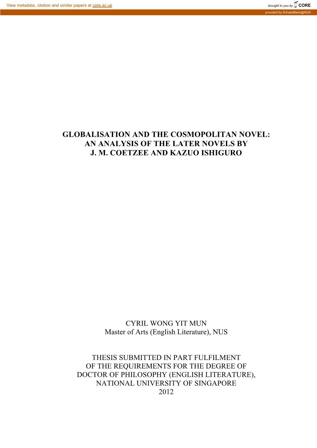 Globalisation and the Cosmopolitan Novel: an Analysis of the Later Novels by J