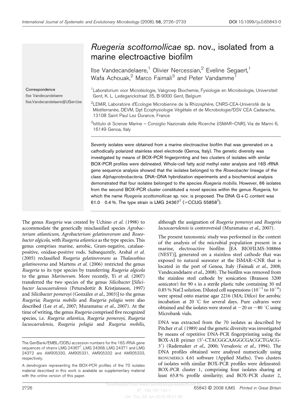 Ruegeria Scottomollicae Sp. Nov., Isolated from a Marine Electroactive Biofilm