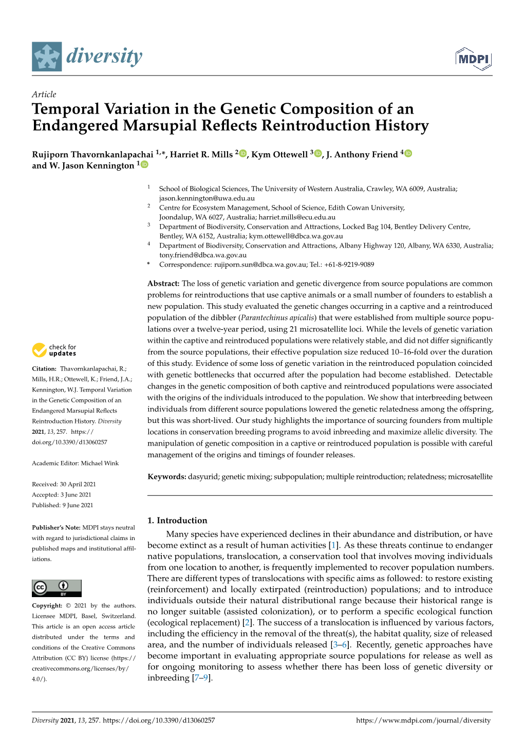 Temporal Variation in the Genetic Composition of an Endangered Marsupial Reﬂects Reintroduction History