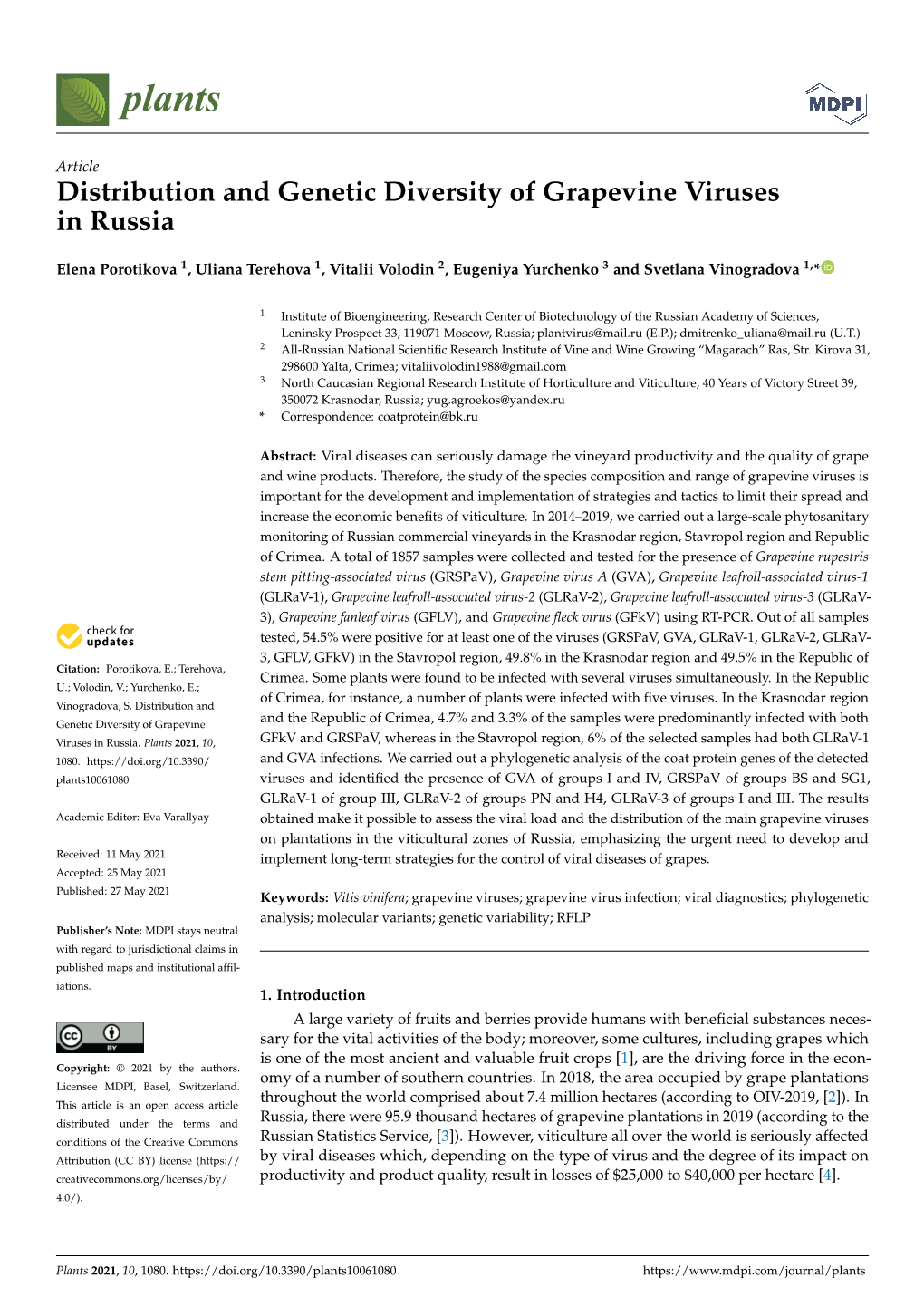 Distribution and Genetic Diversity of Grapevine Viruses in Russia