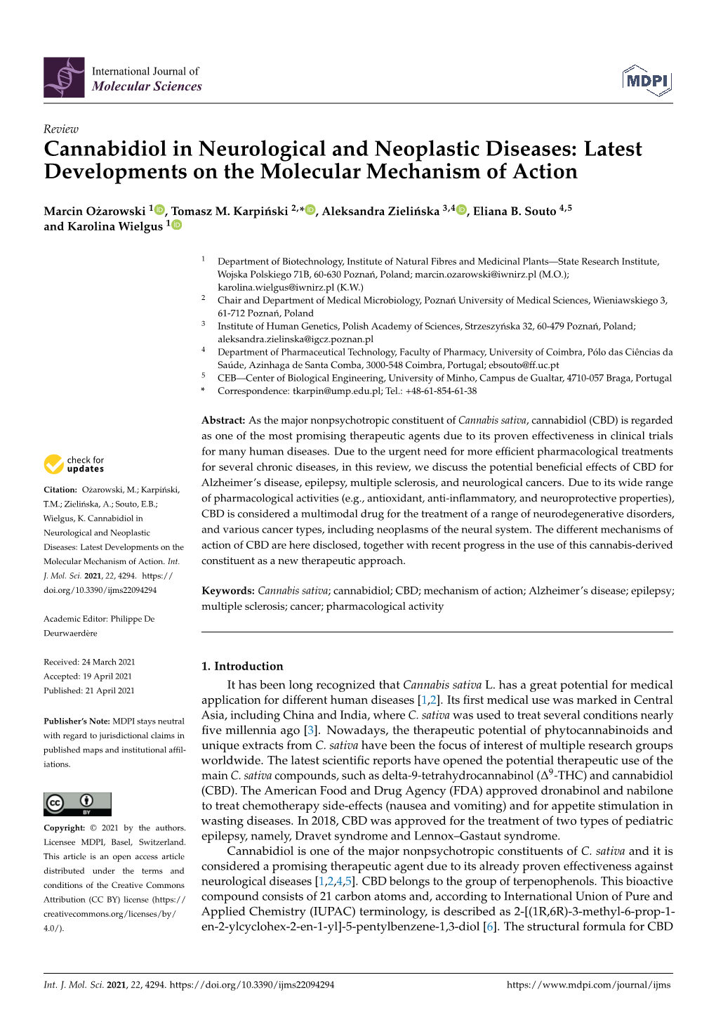 Cannabidiol in Neurological and Neoplastic Diseases: Latest Developments on the Molecular Mechanism of Action