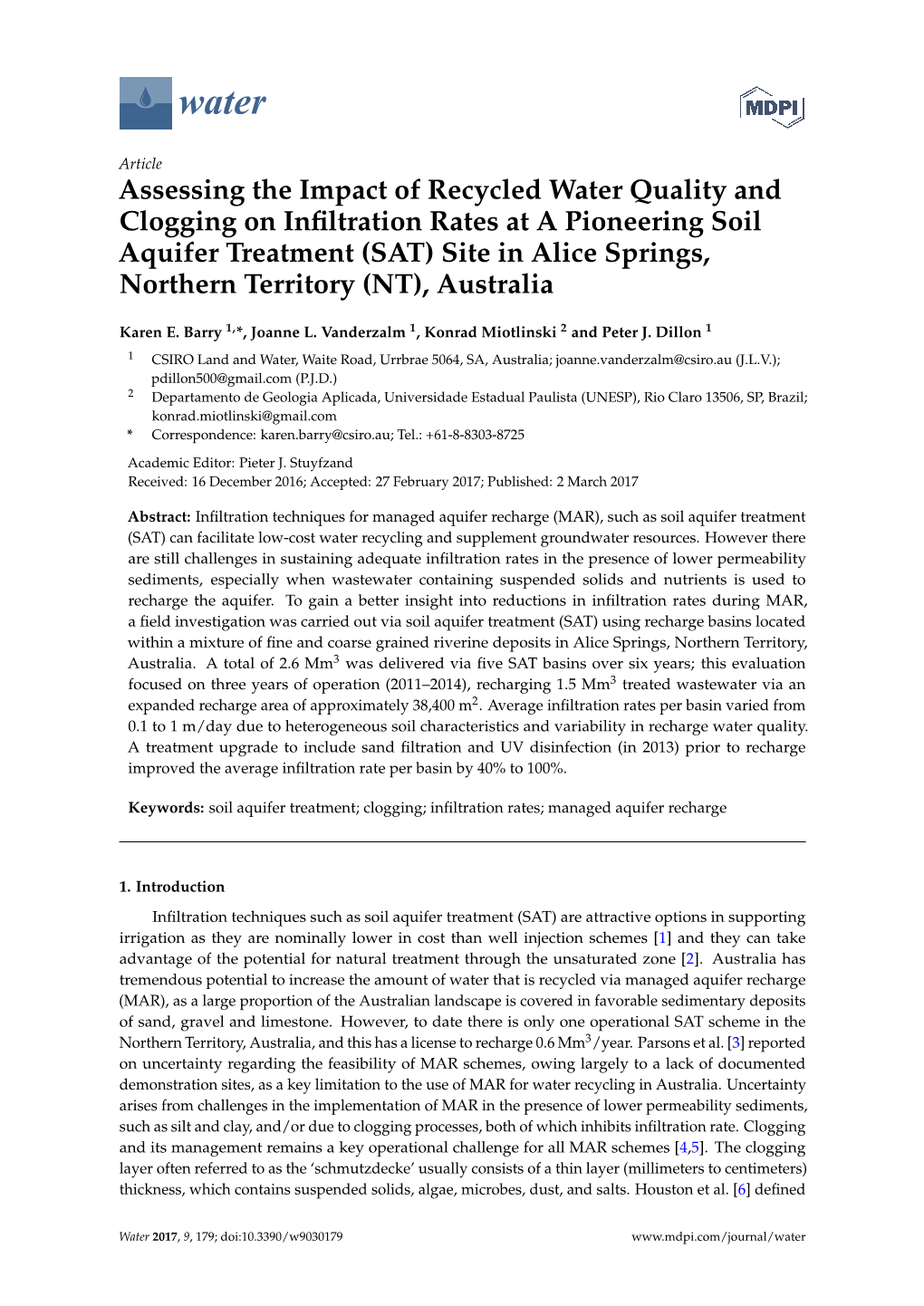 Assessing the Impact of Recycled Water Quality and Clogging on Infiltration Rates at a Pioneering Soil Aquifer Treatment