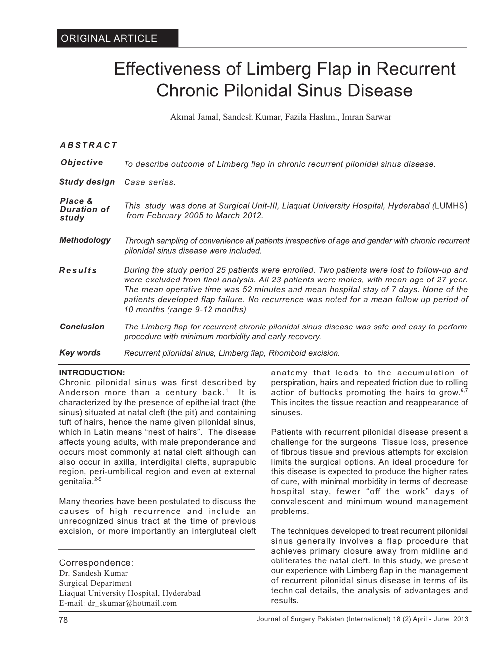 Effectiveness of Limberg Flap in Recurrent Chronic Pilonidal Sinus Disease