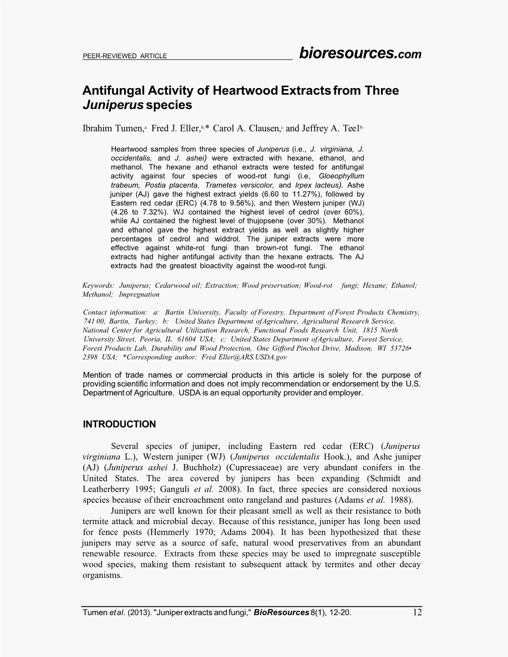 Antifungal Activity of Heartwood Extracts from Three Juniperus Species