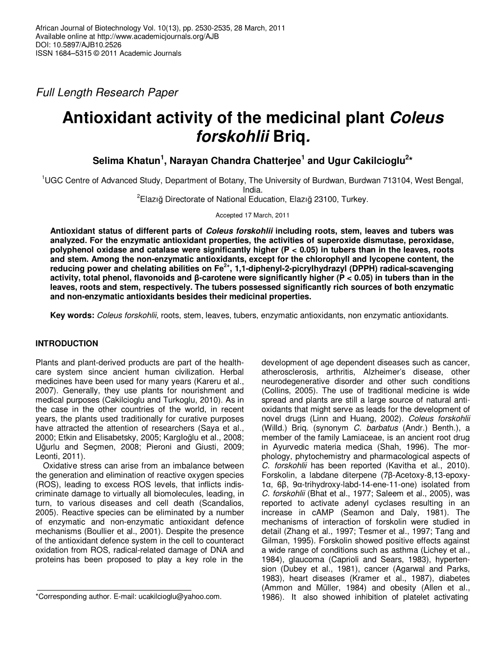 Antioxidant Activity of the Medicinal Plant Coleus Forskohlii Briq