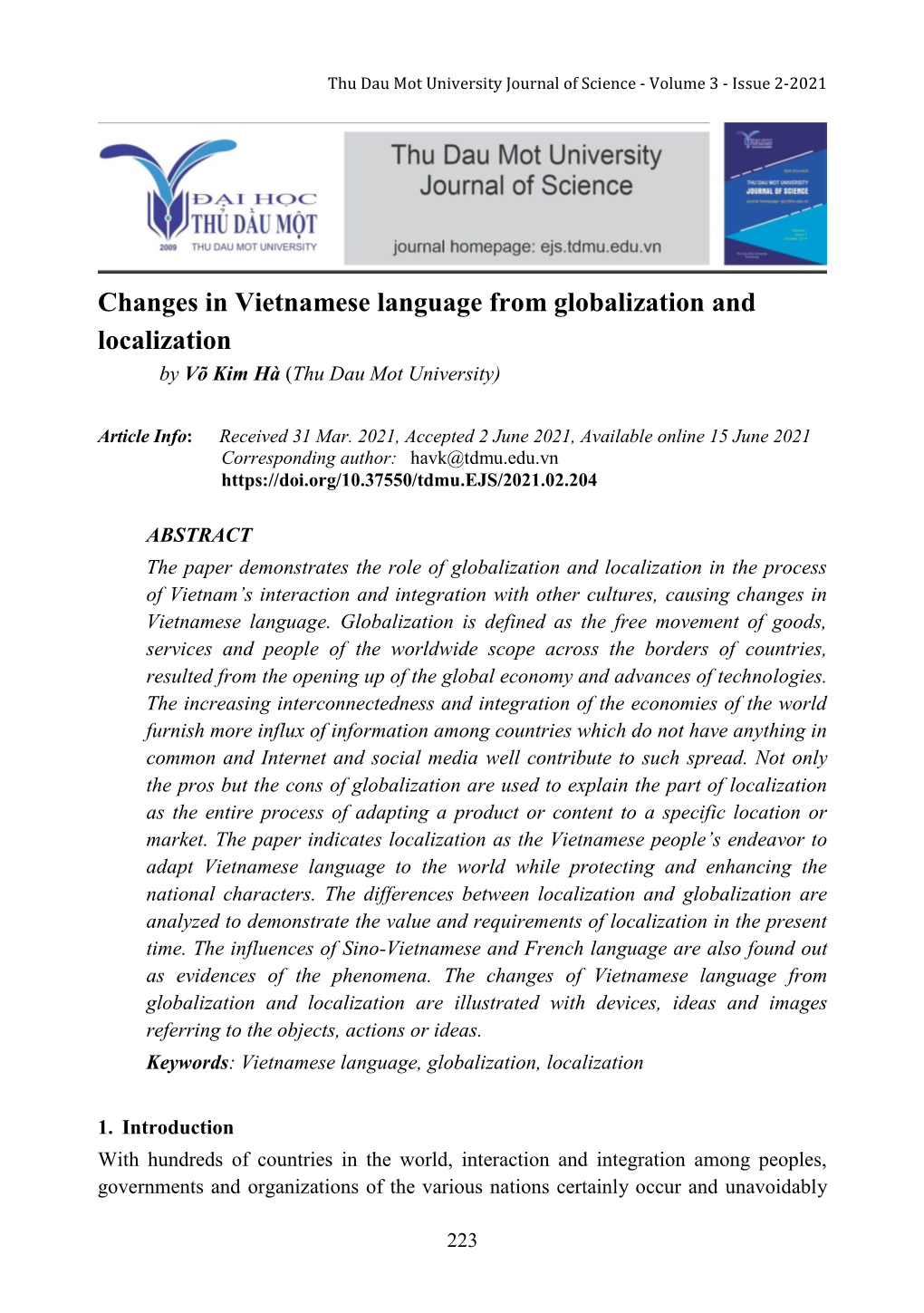 Changes in Vietnamese Language from Globalization and Localization by Võ Kim Hà (Thu Dau Mot University)