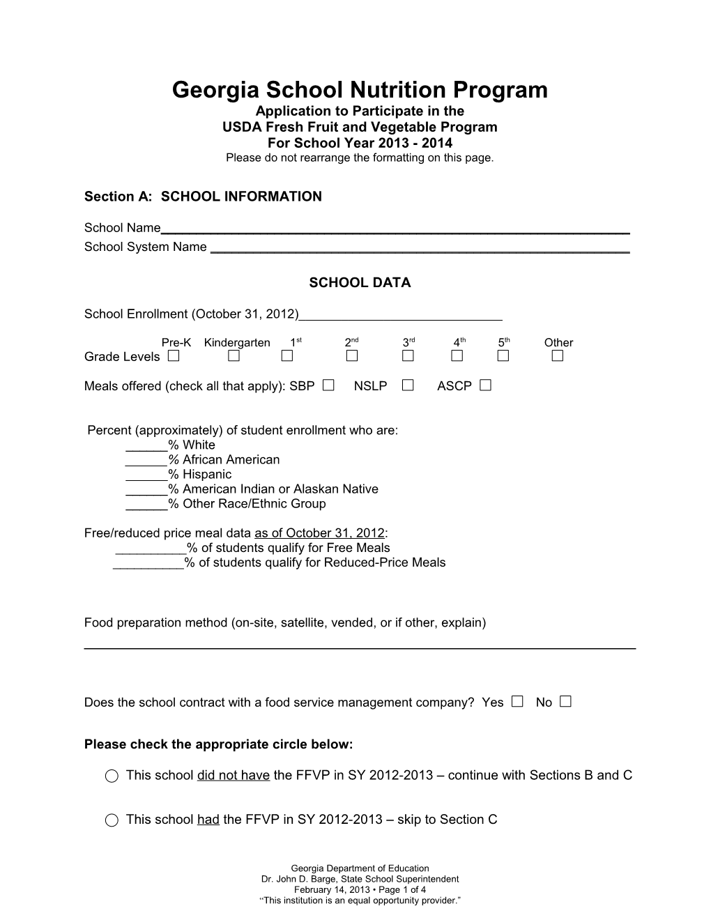 Application to Participate in the Fruit and Vegetable Pilot