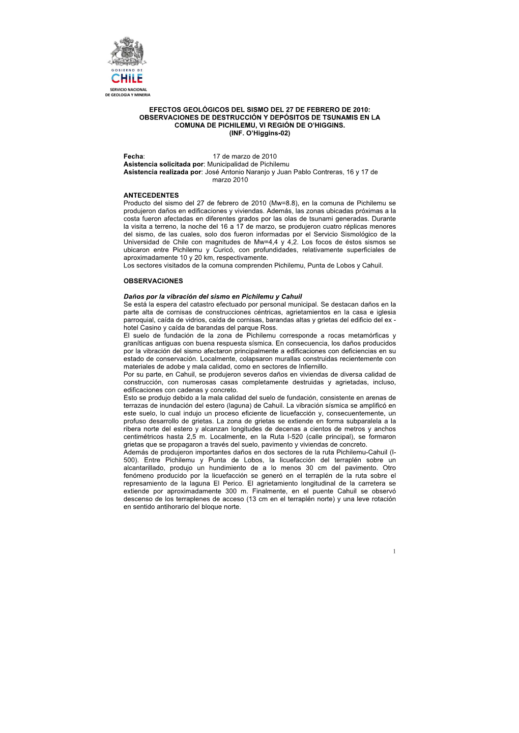 Efectos Geológicos Del Sismo Del 27 De Febrero De 2010: Observaciones De Destrucción Y Depósitos De Tsunamis En La Comuna De Pichilemu, Vi Región De O’Higgins