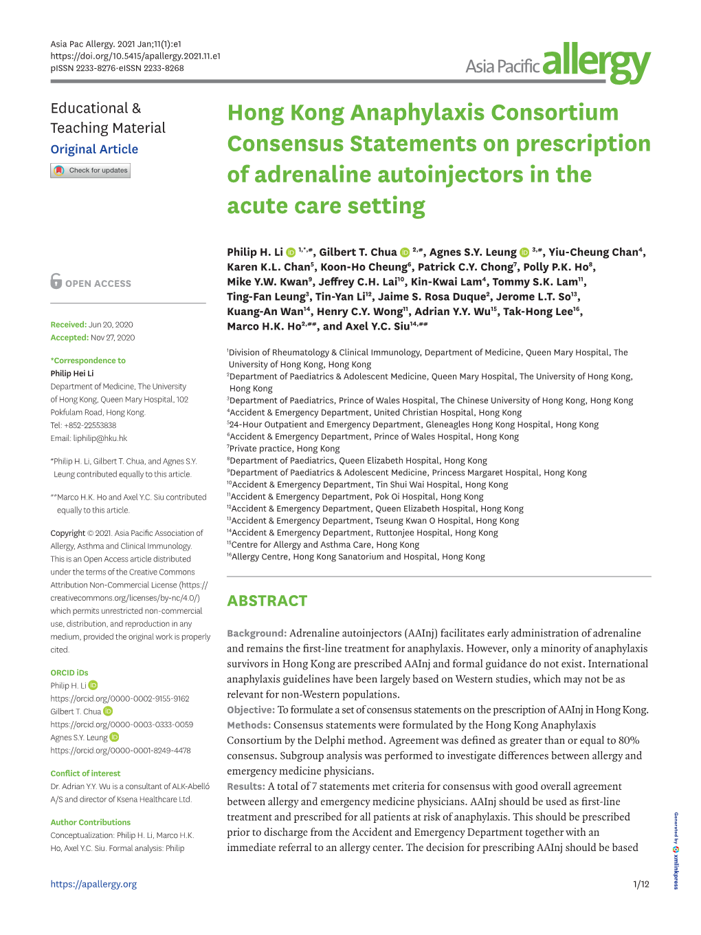 Hong Kong Anaphylaxis Consortium Consensus Statements On