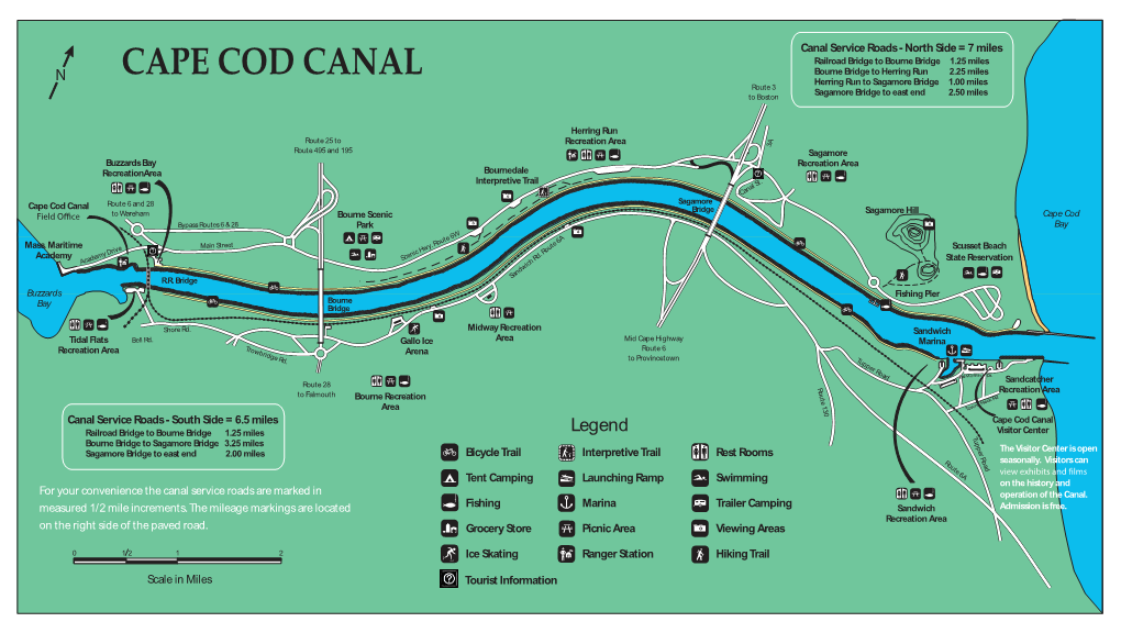 CAPE COD CANAL Bourne Bridge to Herring Run 2.25 Miles Herring Run to Sagamore Bridge 1.00 Miles Route 3 Sagamore Bridge to East End 2.50 Miles to Boston