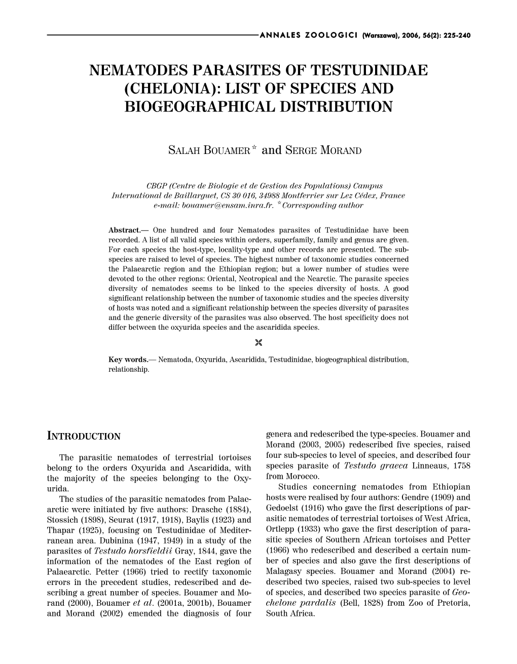 Nematodes Parasites of Testudinidae (Chelonia): List of Species and Biogeographical Distribution