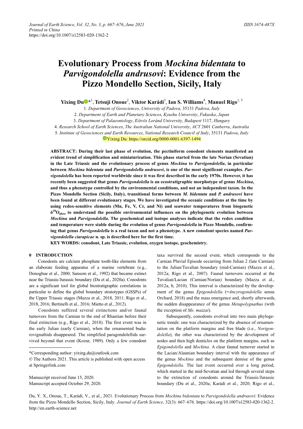 Evolutionary Process from Mockina Bidentata to Parvigondolella Andrusovi: Evidence from the Pizzo Mondello Section, Sicily, Italy