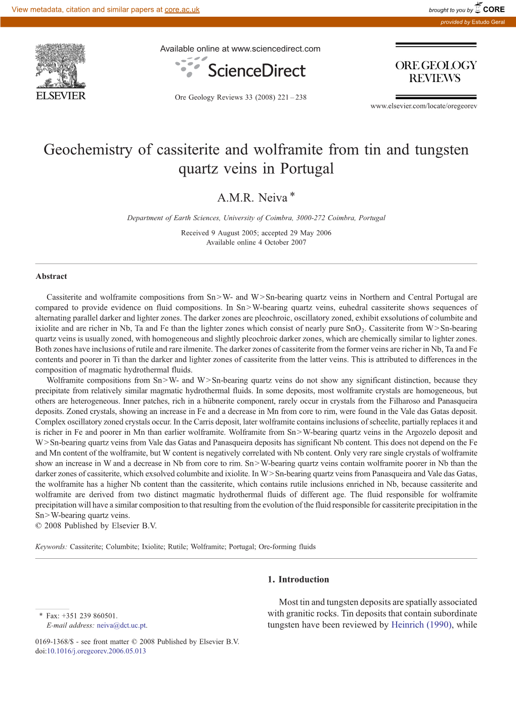 Geochemistry of Cassiterite and Wolframite from Tin and Tungsten Quartz Veins in Portugal ⁎ A.M.R