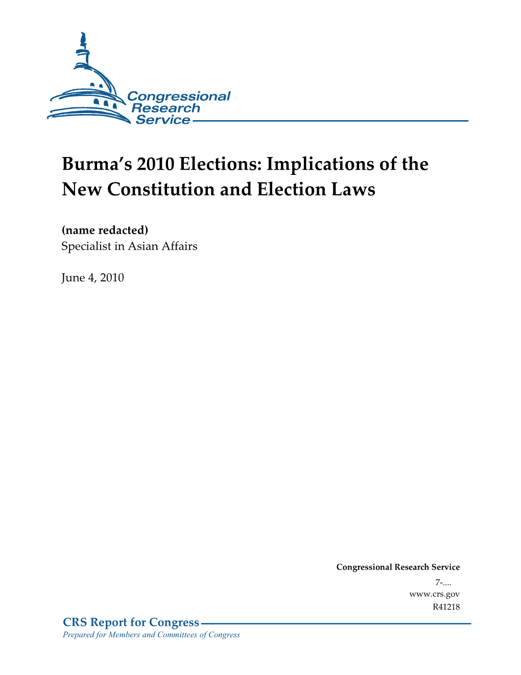 Burma's 2010 Elections: Implications of the New