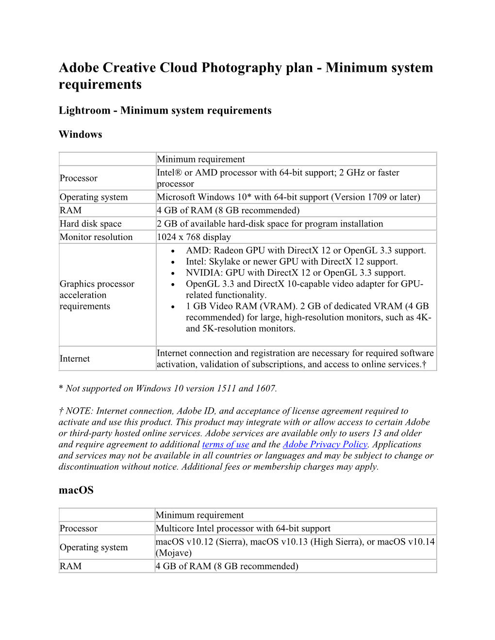 Adobe Creative Cloud Photography Plan - Minimum System Requirements