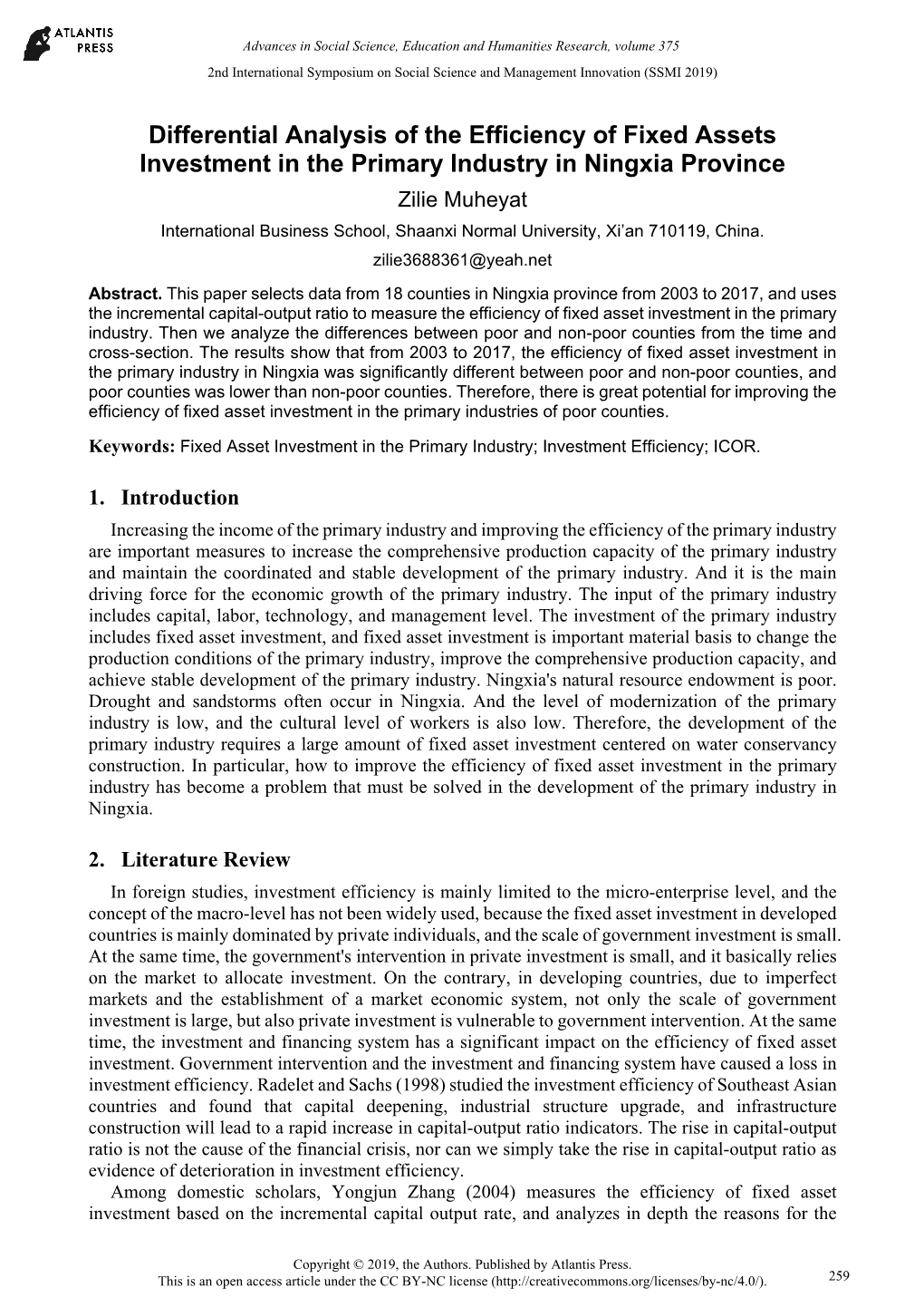 Differential Analysis of the Efficiency of Fixed Assets Investment in The