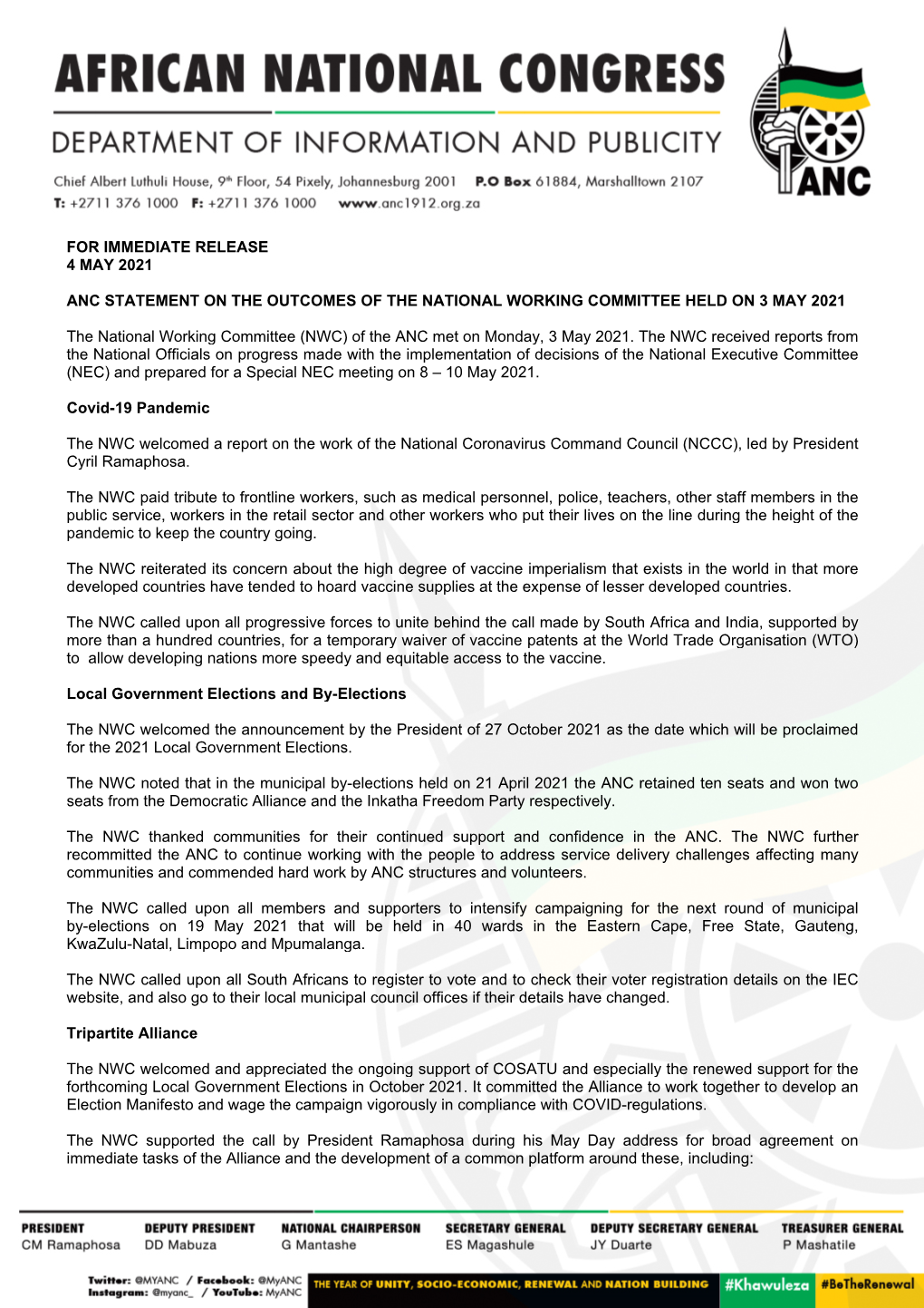 For Immediate Release 4 May 2021 Anc Statement