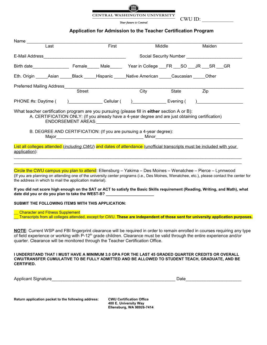 Application for Admission to the Teacher Certification Program