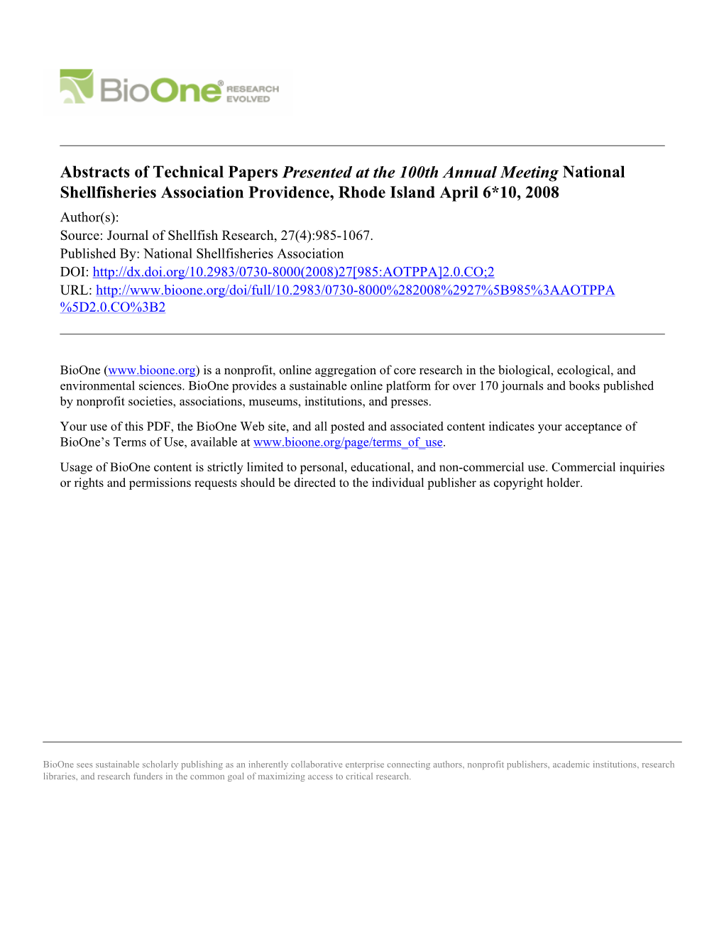 Abstracts of Technical Papers Presented at the 100Th Annual