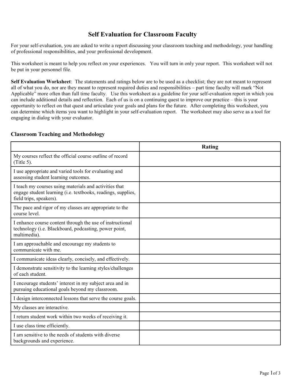 Self Evaluation for Classroom Faculty