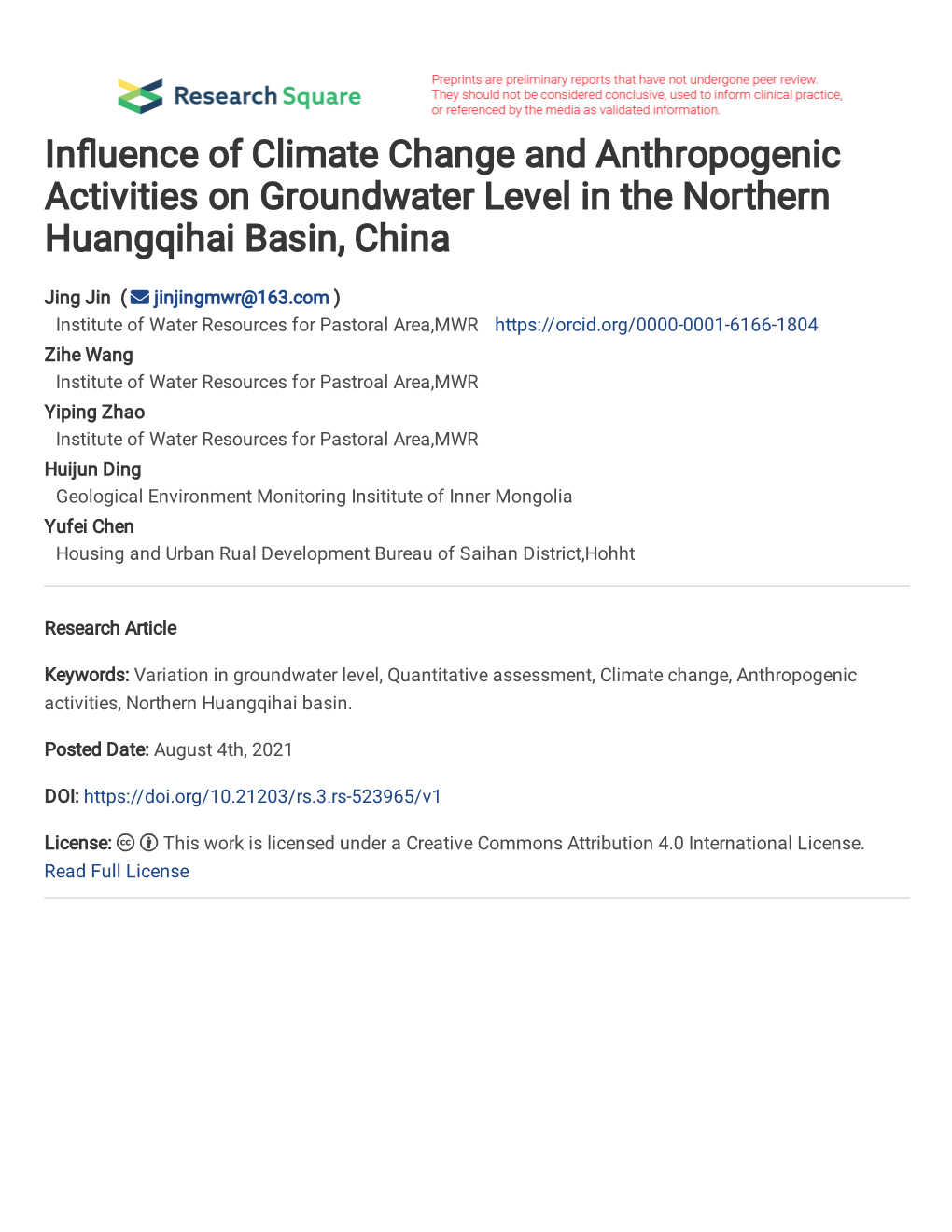 Influence of Climate Change and Anthropogenic Activities on Groundwater