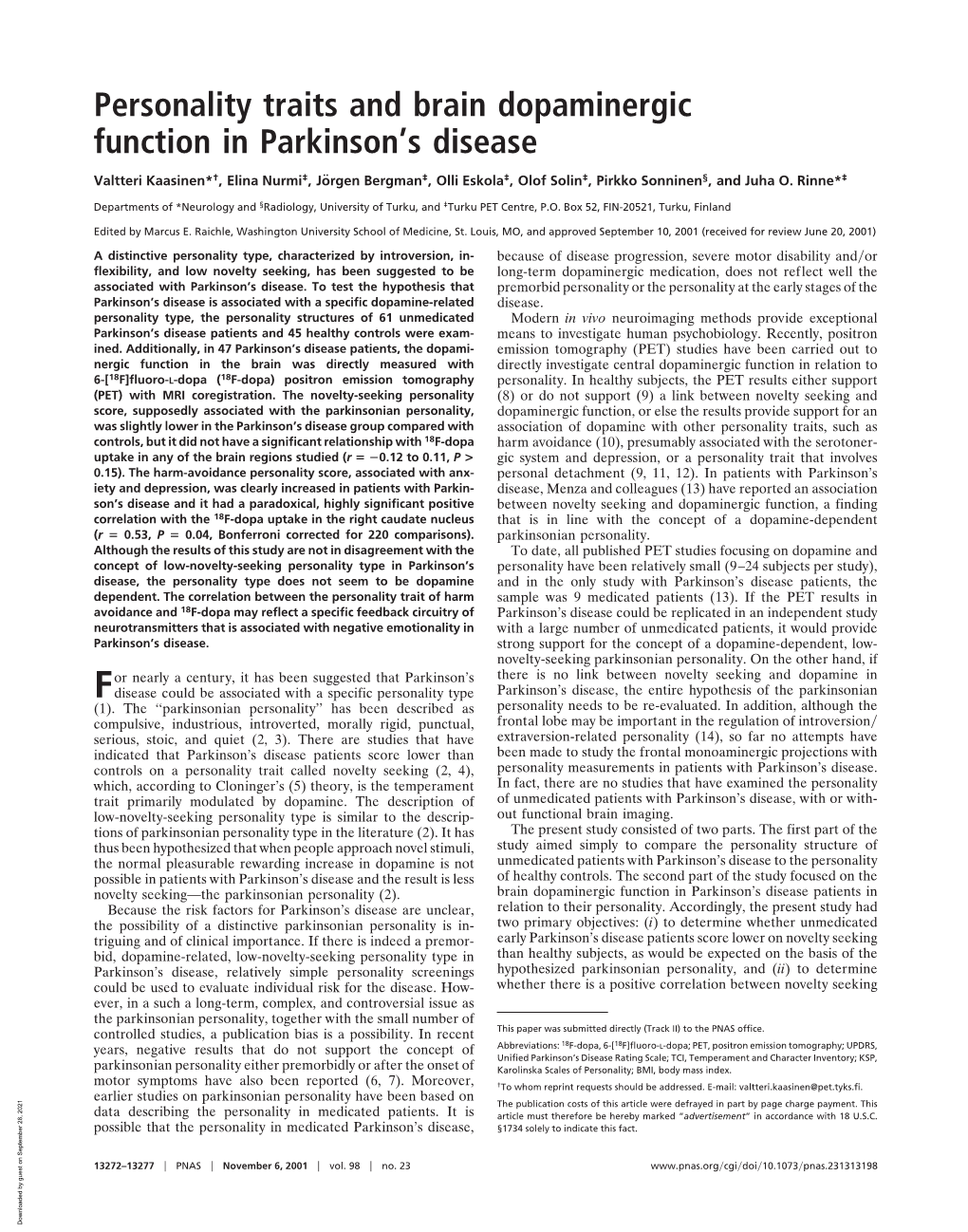 Personality Traits and Brain Dopaminergic Function in Parkinson's Disease