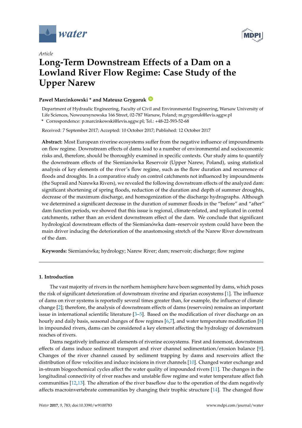 Long-Term Downstream Effects of a Dam on a Lowland River Flow Regime: Case Study of the Upper Narew