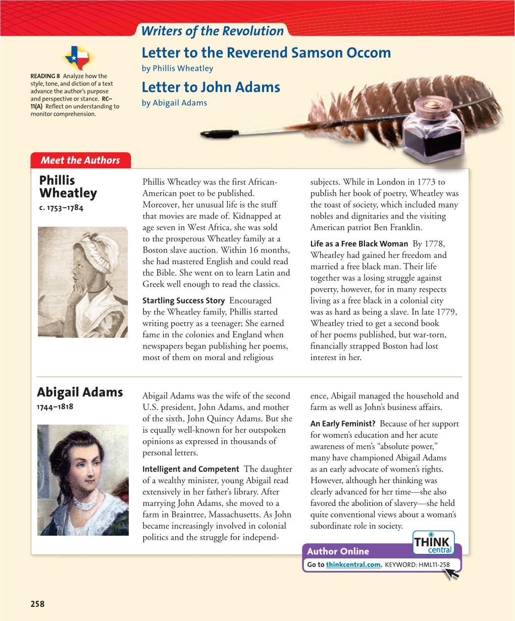 Letter to the Reverend Samson Occom Letter to John Adams O John Adams