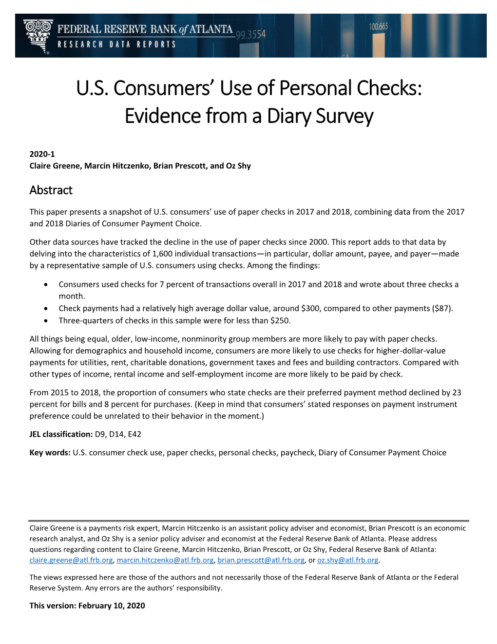 U.S. Consumers' Use of Personal Checks: Evidence from a Diary